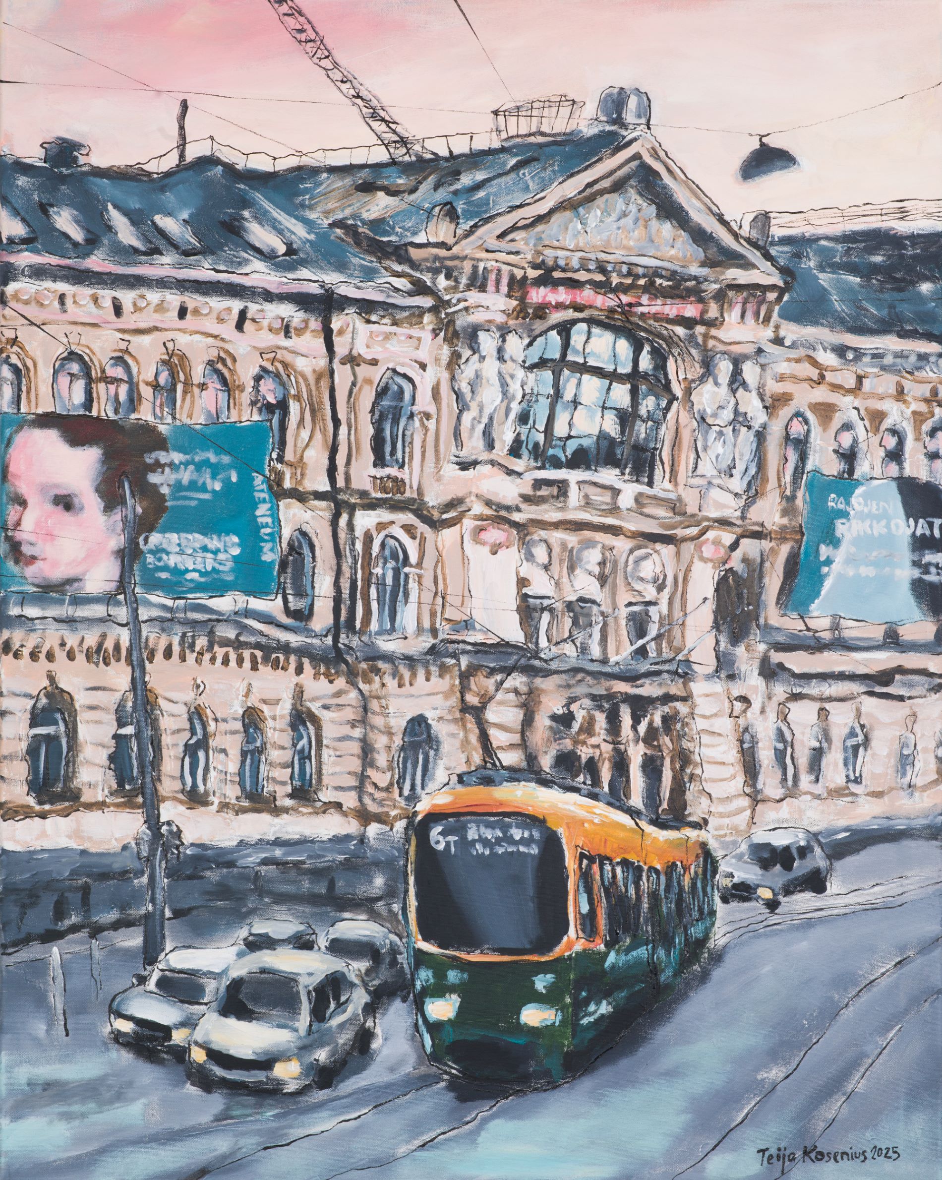 Raitiovaunu ja autot kadulla, Helsingissä kaupunkinäkymä