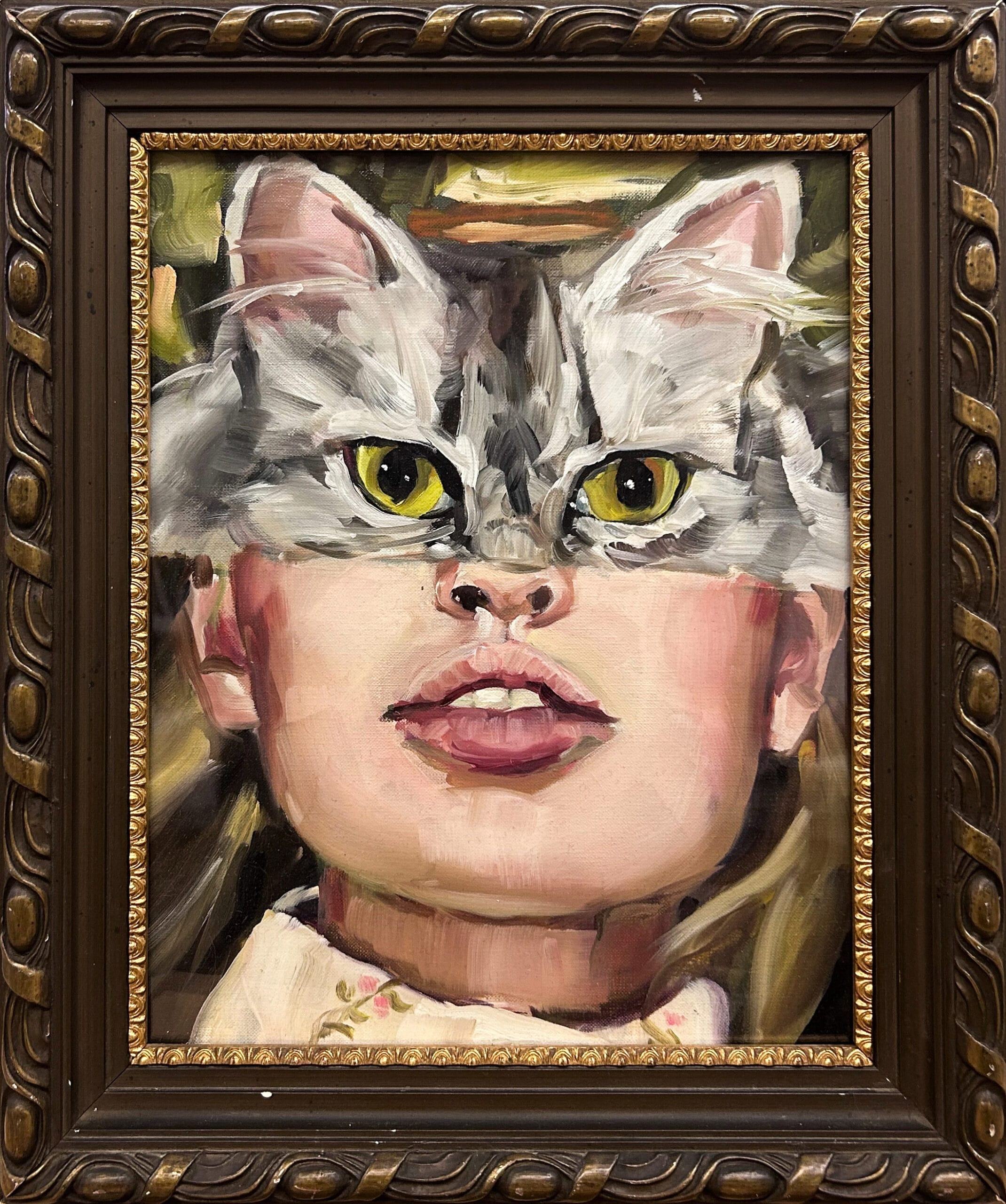 Yhdistekuva kasvoista ja kissasta kirkkain värein.