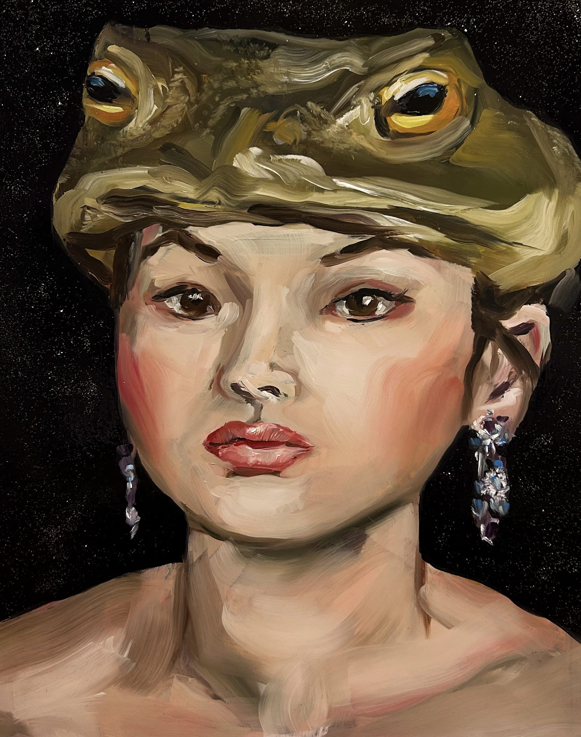 Maalaus henkilöstä sammakon muotoisessa hatussa.