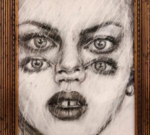 Kaksikasvoinen ja monisilmäinen piirros kullatussa kehyksessä.