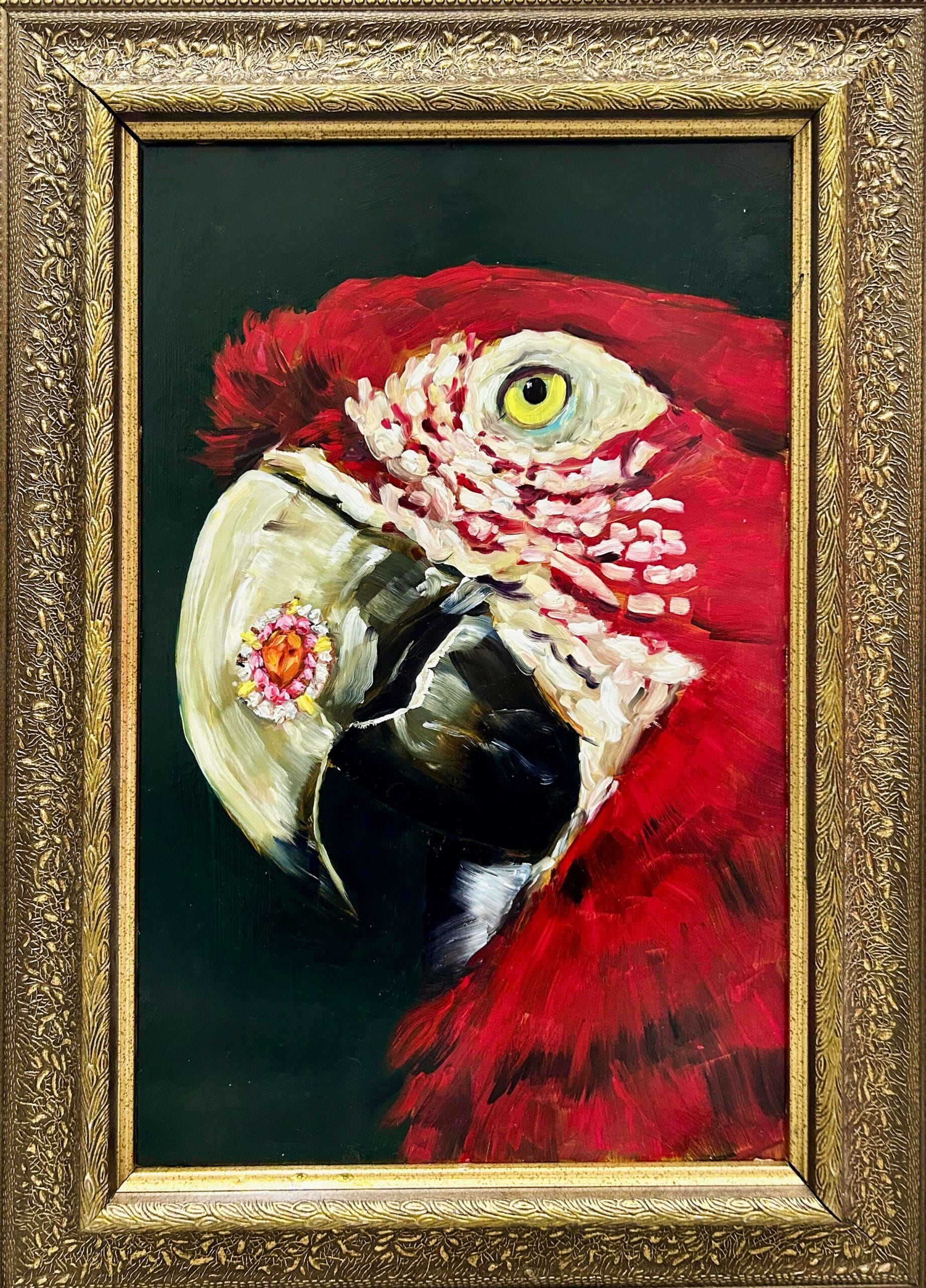 Papukaijan maalaus kultakehyksissä, punainen höyhenpuku.