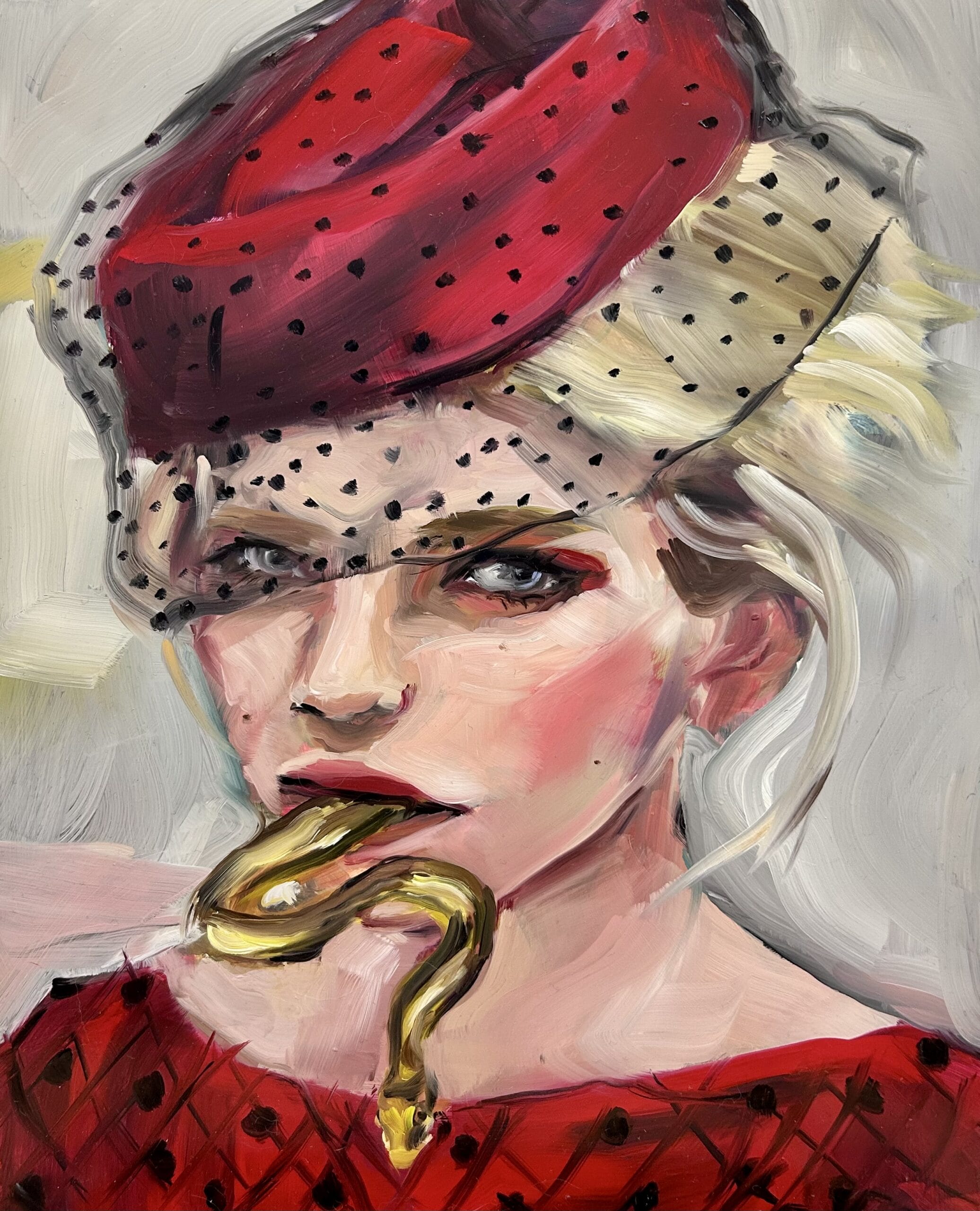 Muotokuva naisesta punaisella hatulla ja käärmeellä.