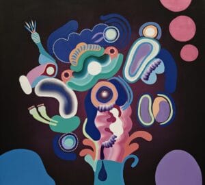 Abstrakti värikäs maalaus tummalla taustalla