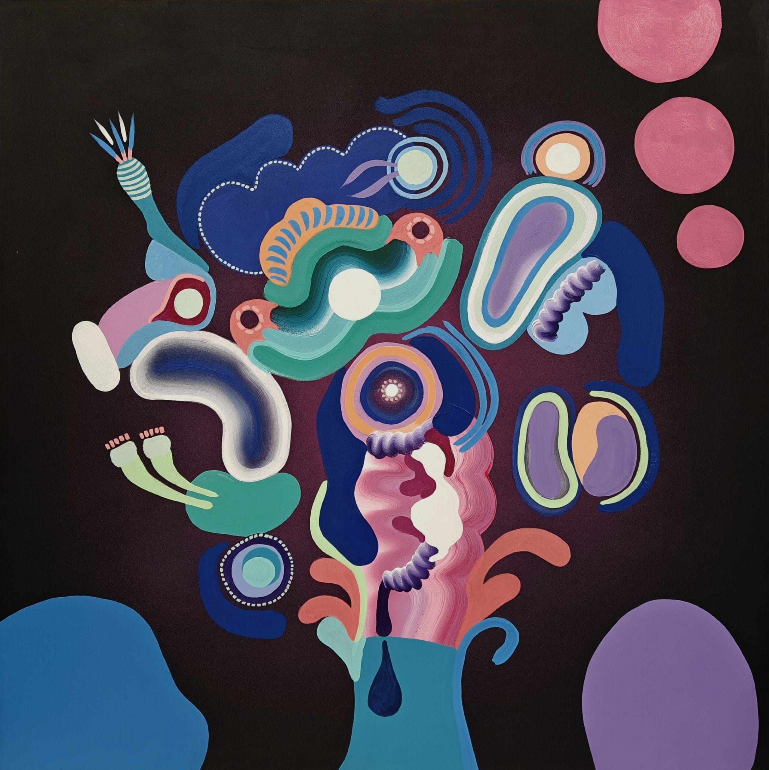 Abstrakti värikäs maalaus tummalla taustalla