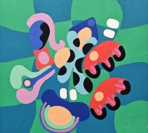 Abstrakti värikäs geometrinen taide kuvioilla ja muodoilla.