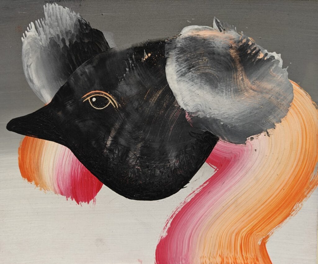 Abstrakti taideteos eläinkuvalla ja kirkkailla väreillä.