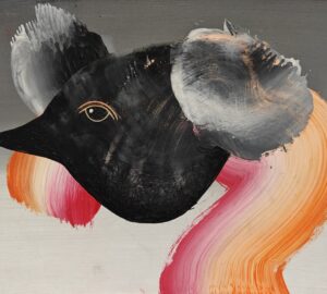 Abstrakti taideteos eläinkuvalla ja kirkkailla väreillä.