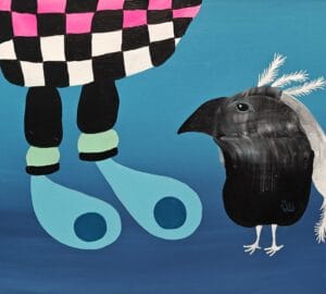 Värikäs varis ja ruutuhousut sinisellä taustalla.