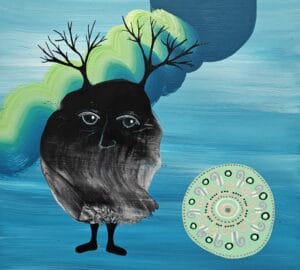 Oudosti muotoiltu hahmo ja koristeellinen ympyrä