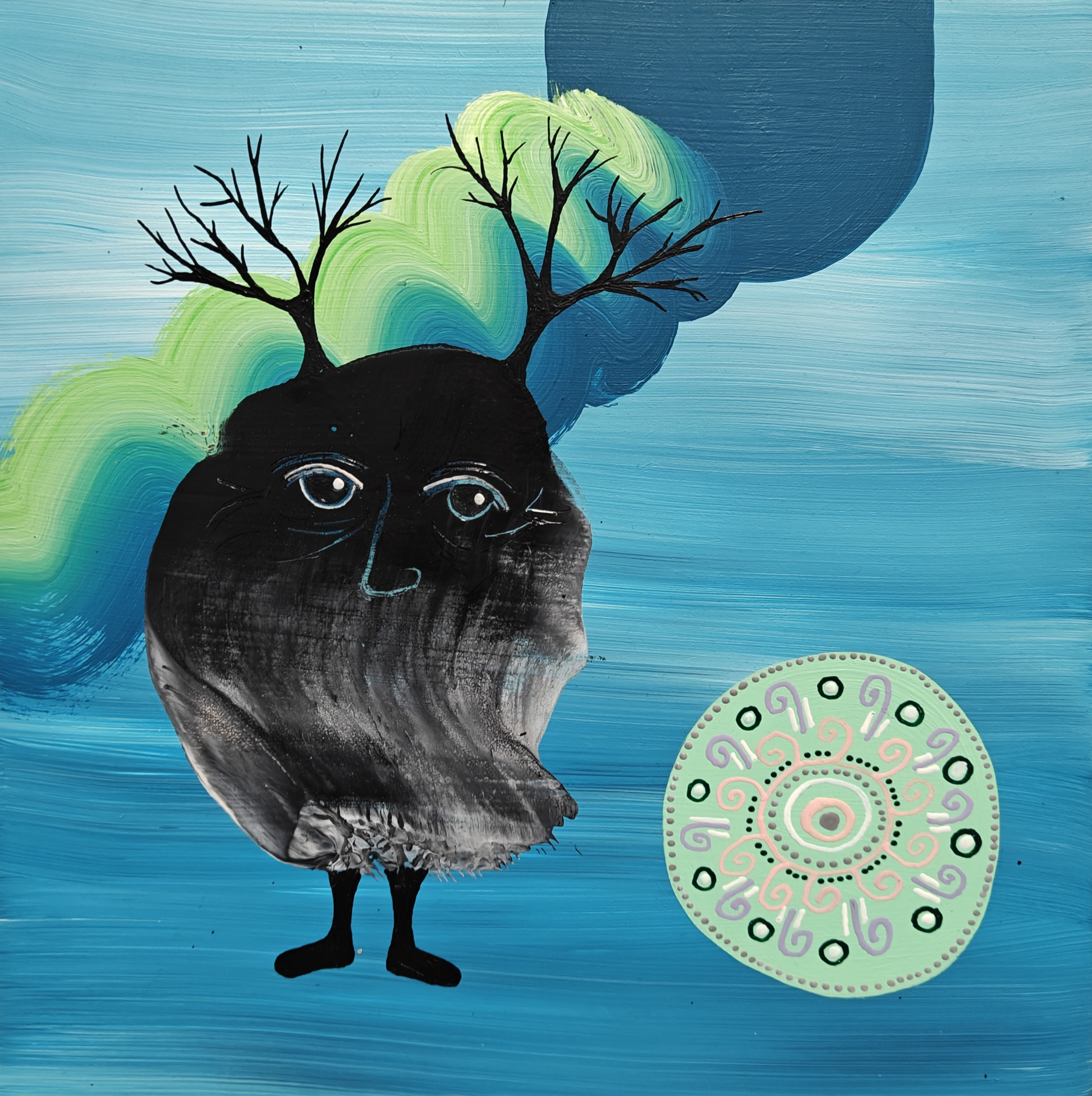 Oudosti muotoiltu hahmo ja koristeellinen ympyrä