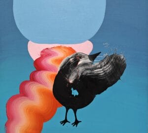 Abstrakti lintu sinisellä ja oranssilla taustalla.