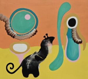 Värikäs abstrakti maalaus eläinaiheisilla muodoilla