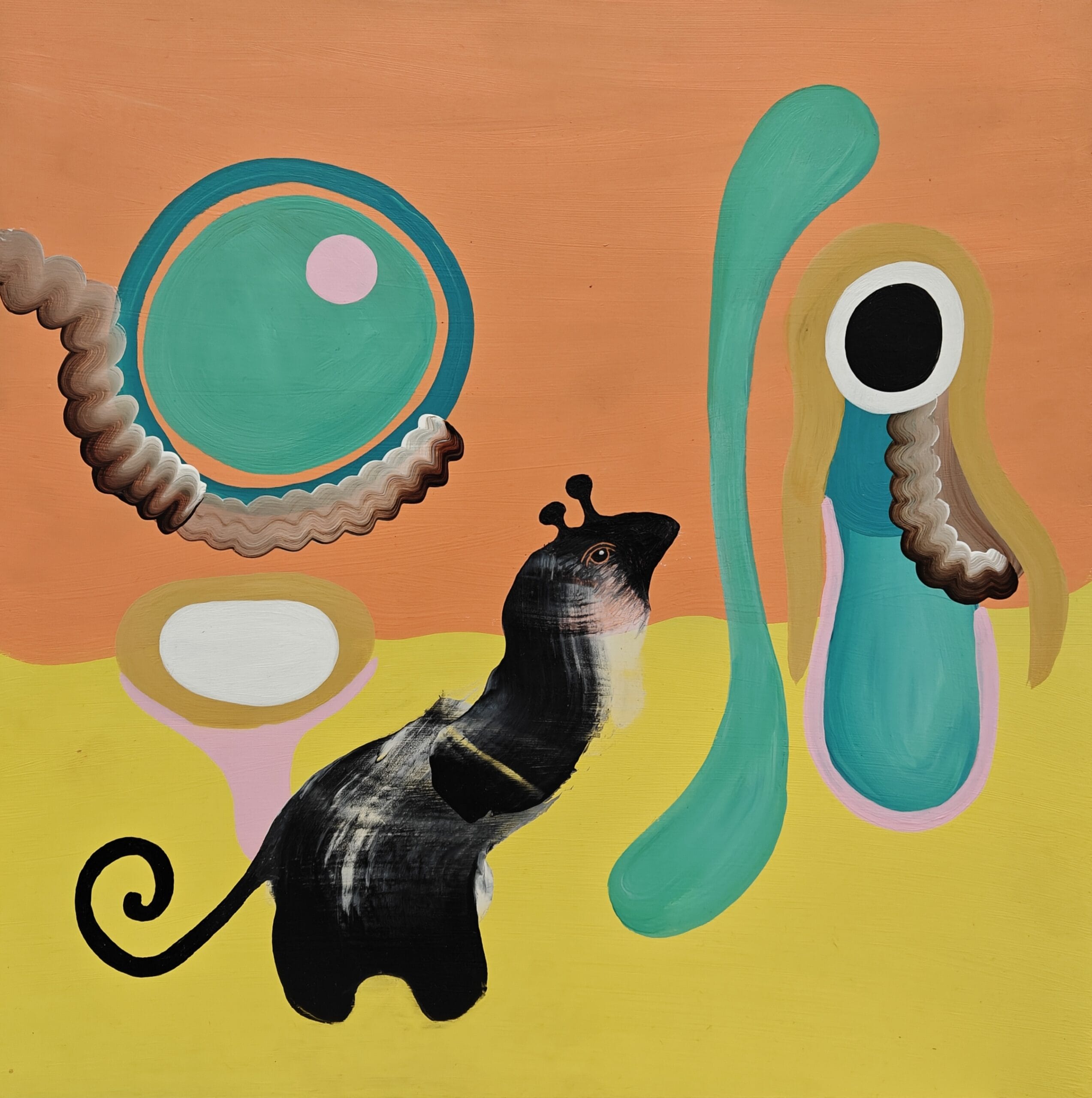 Värikäs abstrakti maalaus eläinaiheisilla muodoilla