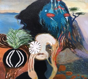 Värikäs surrealistinen maalaus sienillä ja kasveilla