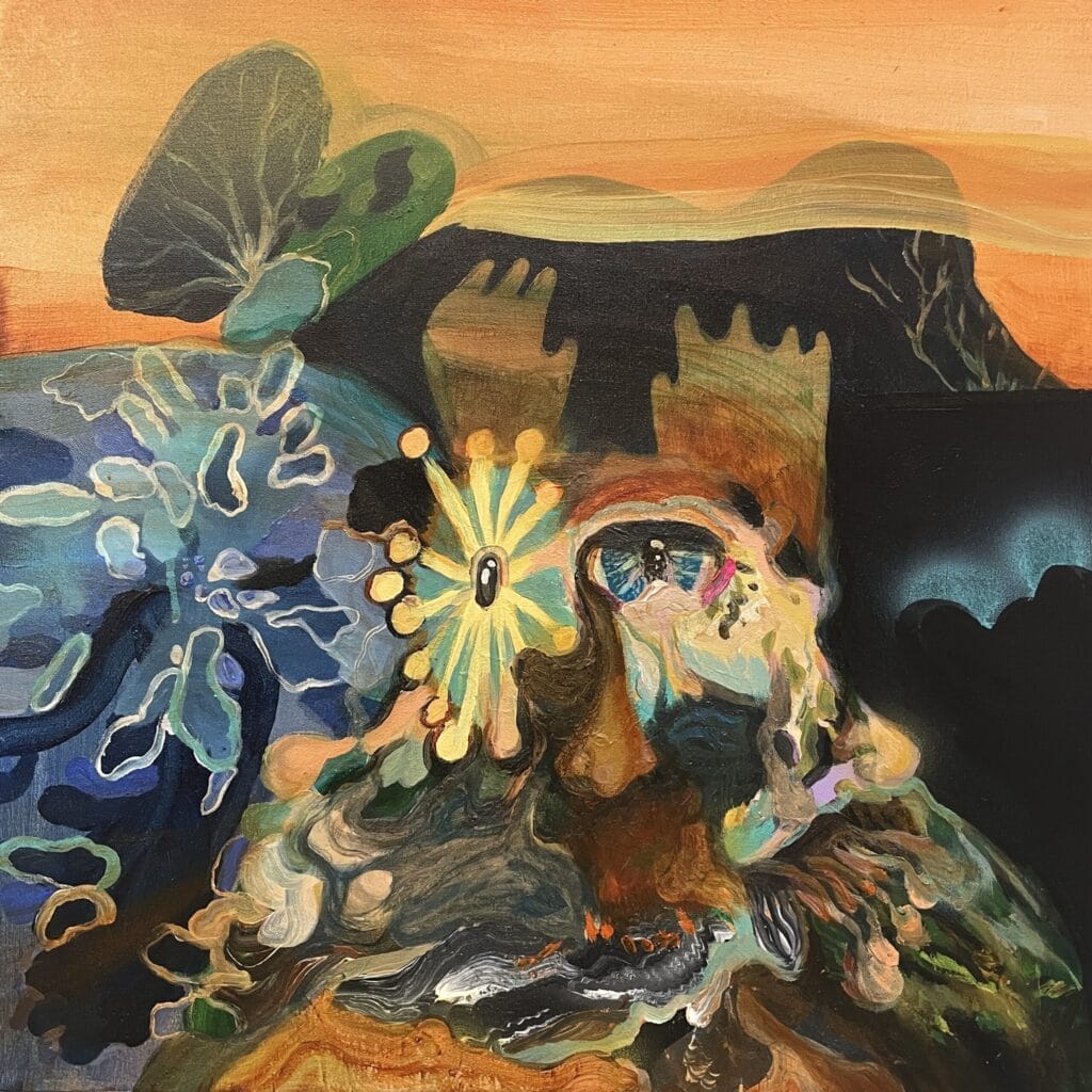 Abstrakti öljymaalaus värikkäällä maisemalla ja kasveilla.