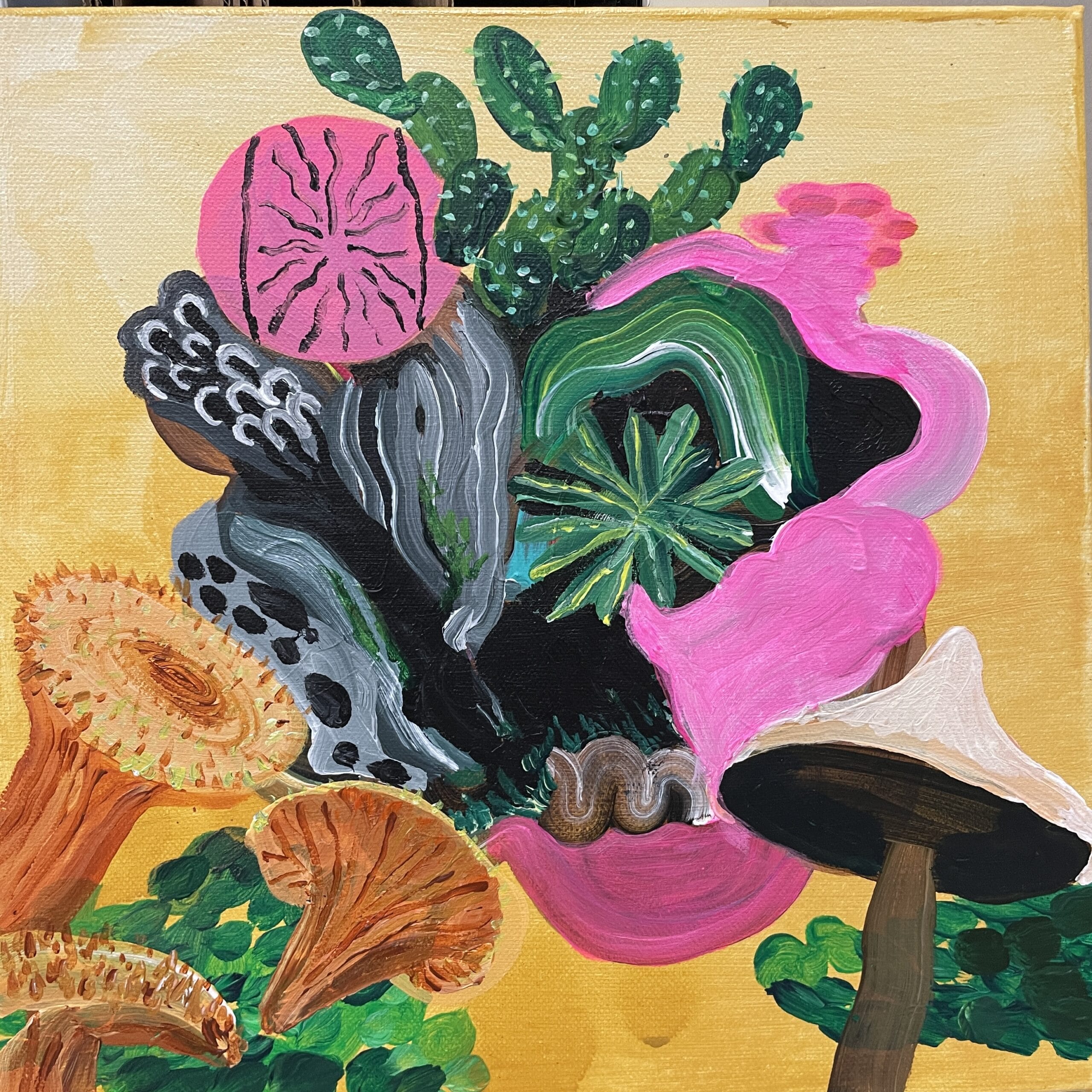 Abstrakti kasvitaide värikkäillä sienillä ja kaktuksilla