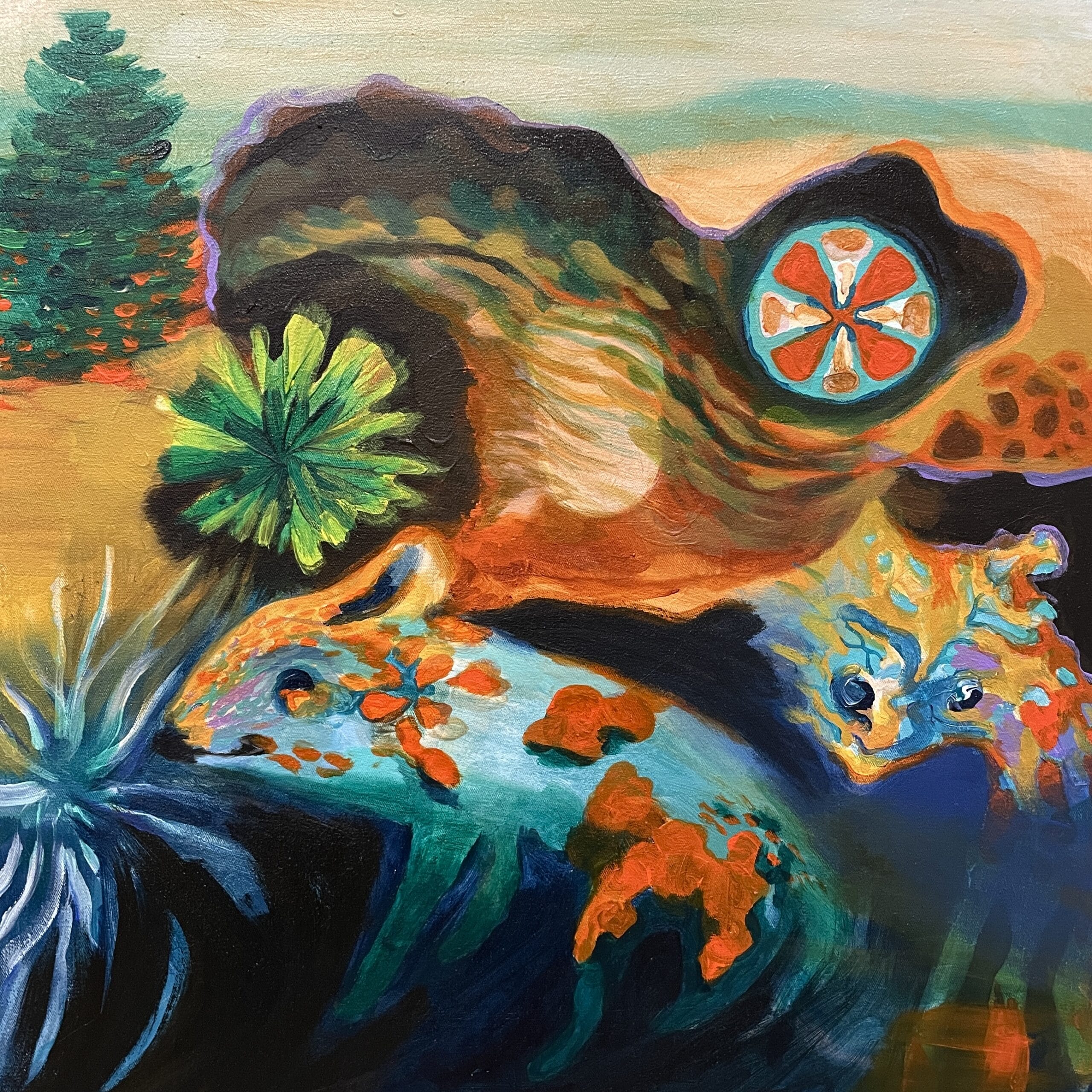 Värikäs surrealistinen maisema kasveilla ja olioilla.