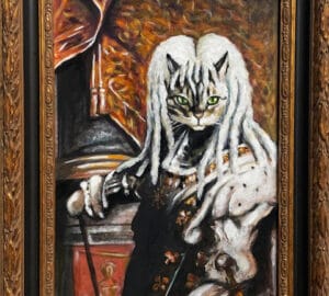 Kissa puvussa historiallisessa muotokuvamaalauksessa.