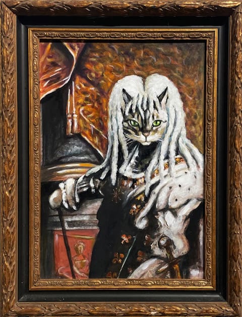 Kissa puvussa historiallisessa muotokuvamaalauksessa.