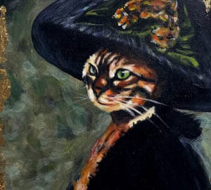 Kissa mustassa hattussa, maalaus kultaisilla yksityiskohdilla.