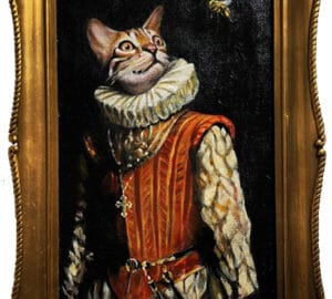 Keskiaikainen kissa katsoo mehiläistä taulussa.