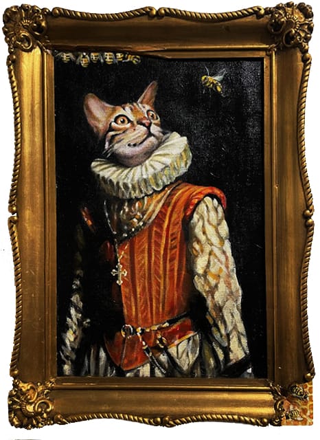 Keskiaikainen kissa katsoo mehiläistä taulussa.