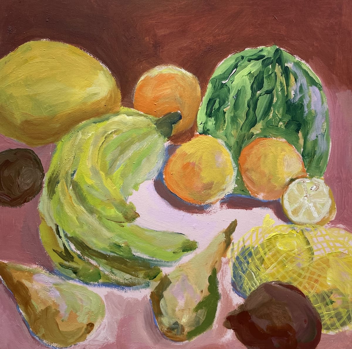 Värikäs asetelma hedelmiä maalauksessa