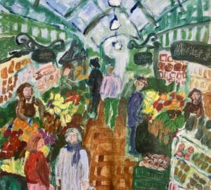 Värikäs tori täynnä ihmisiä ja tuoretuotteita.