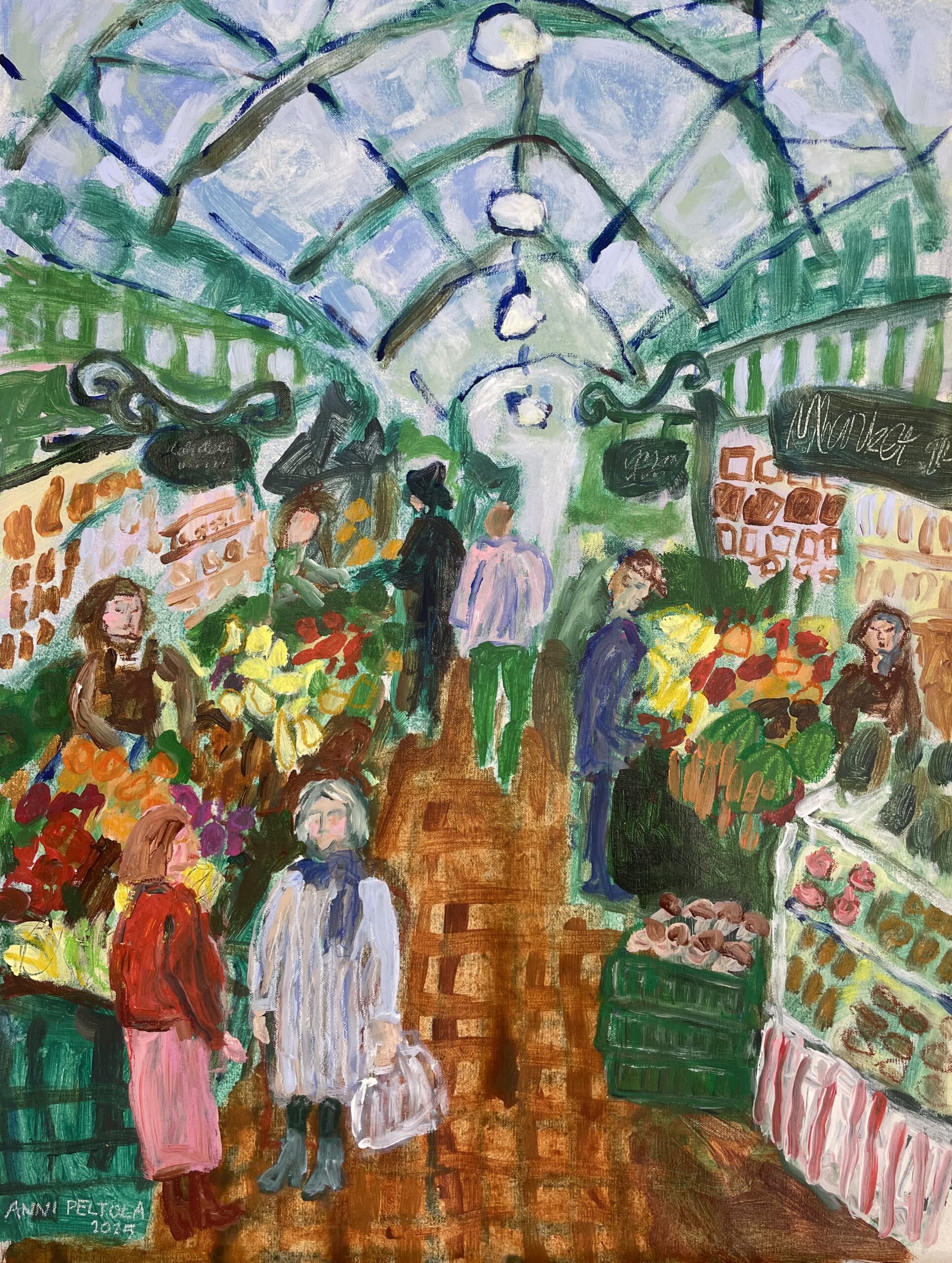 Värikäs tori täynnä ihmisiä ja tuoretuotteita.