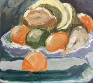 Värikäs asetelma hedelmistä maalauksessa.