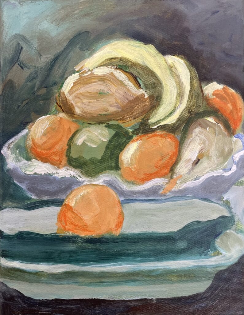 Värikäs asetelma hedelmistä maalauksessa.