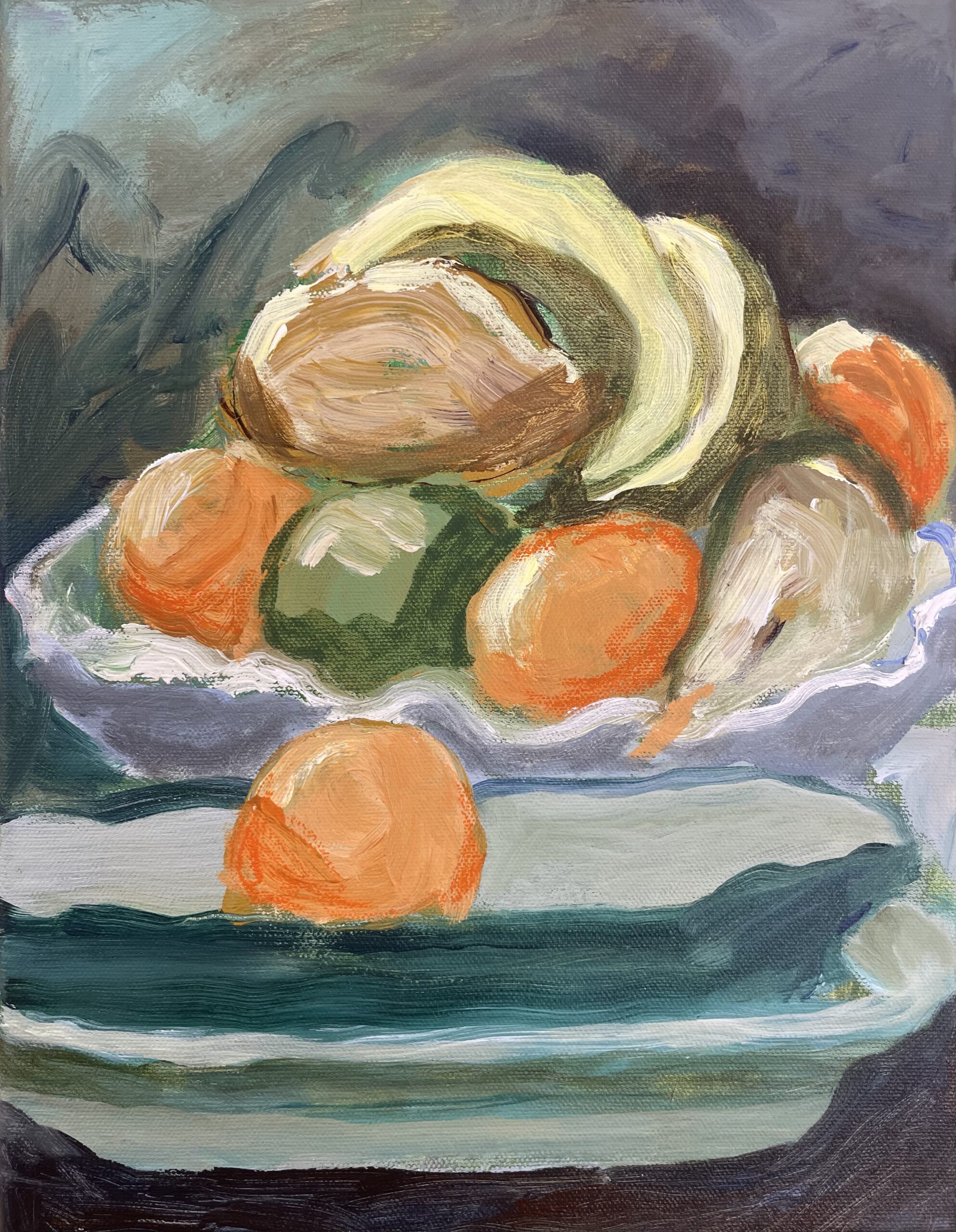 Värikäs asetelma hedelmistä maalauksessa.