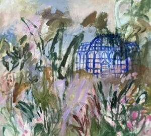 Abstrakti värikäs maalaus kasvihuoneen edustalla