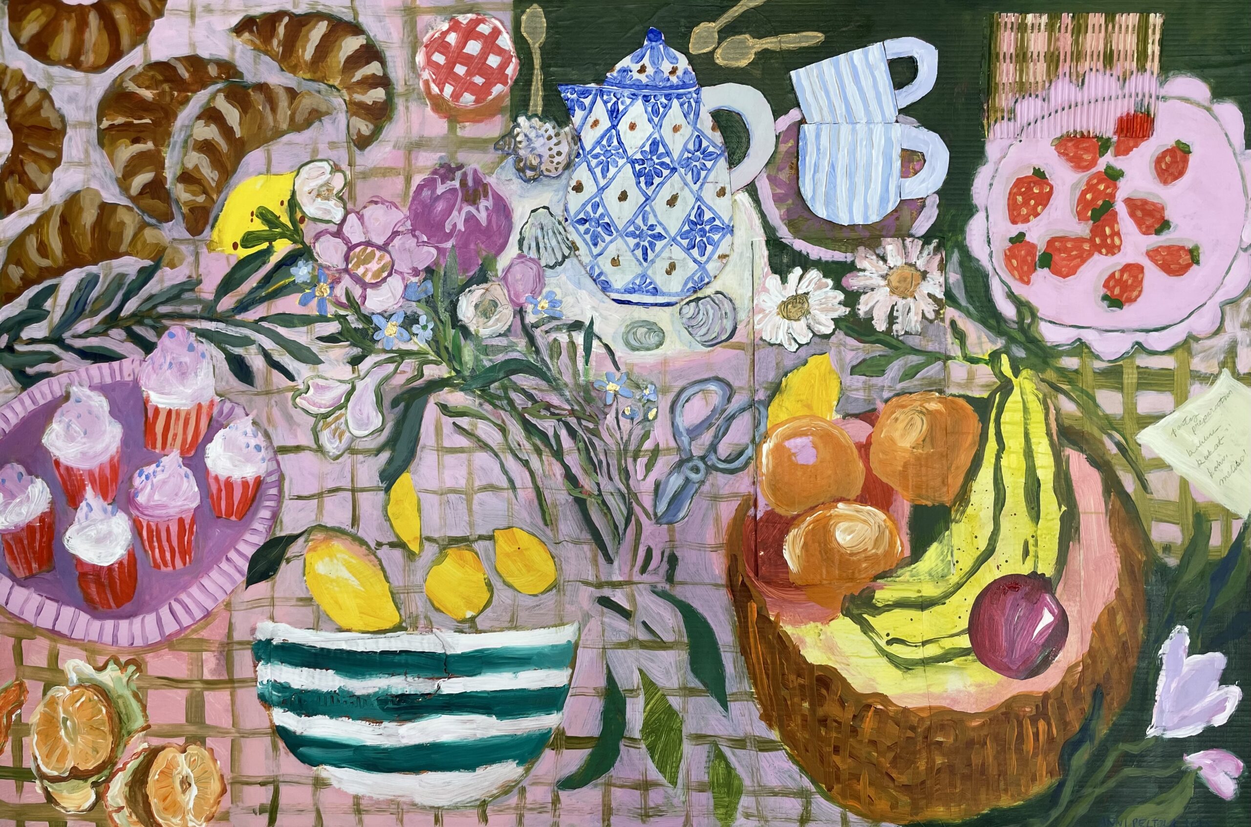 Värikäs brunssipöytä, täynnä leivonnaisia ja hedelmiä.