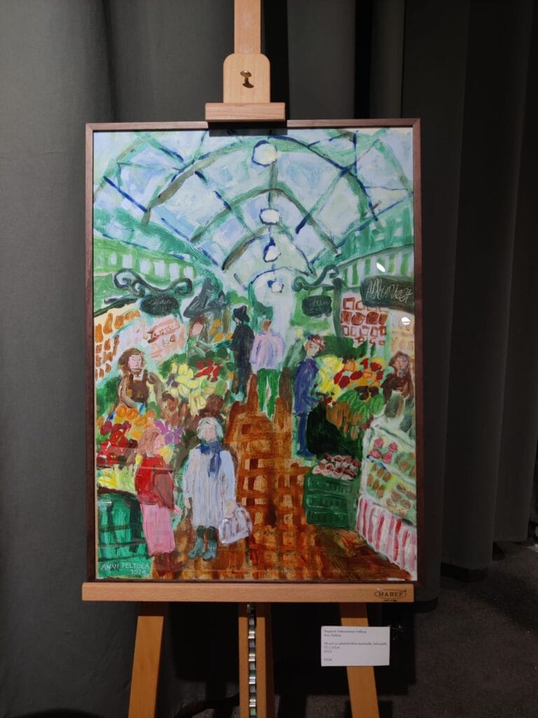 Maalaus torista, ihmisiä ja vihanneksia.