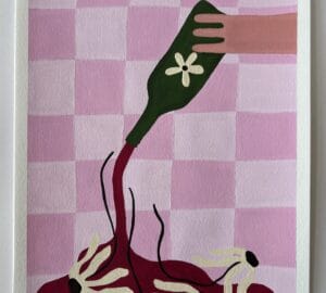 Pullo kaadetaan, abstrakti maalaus.