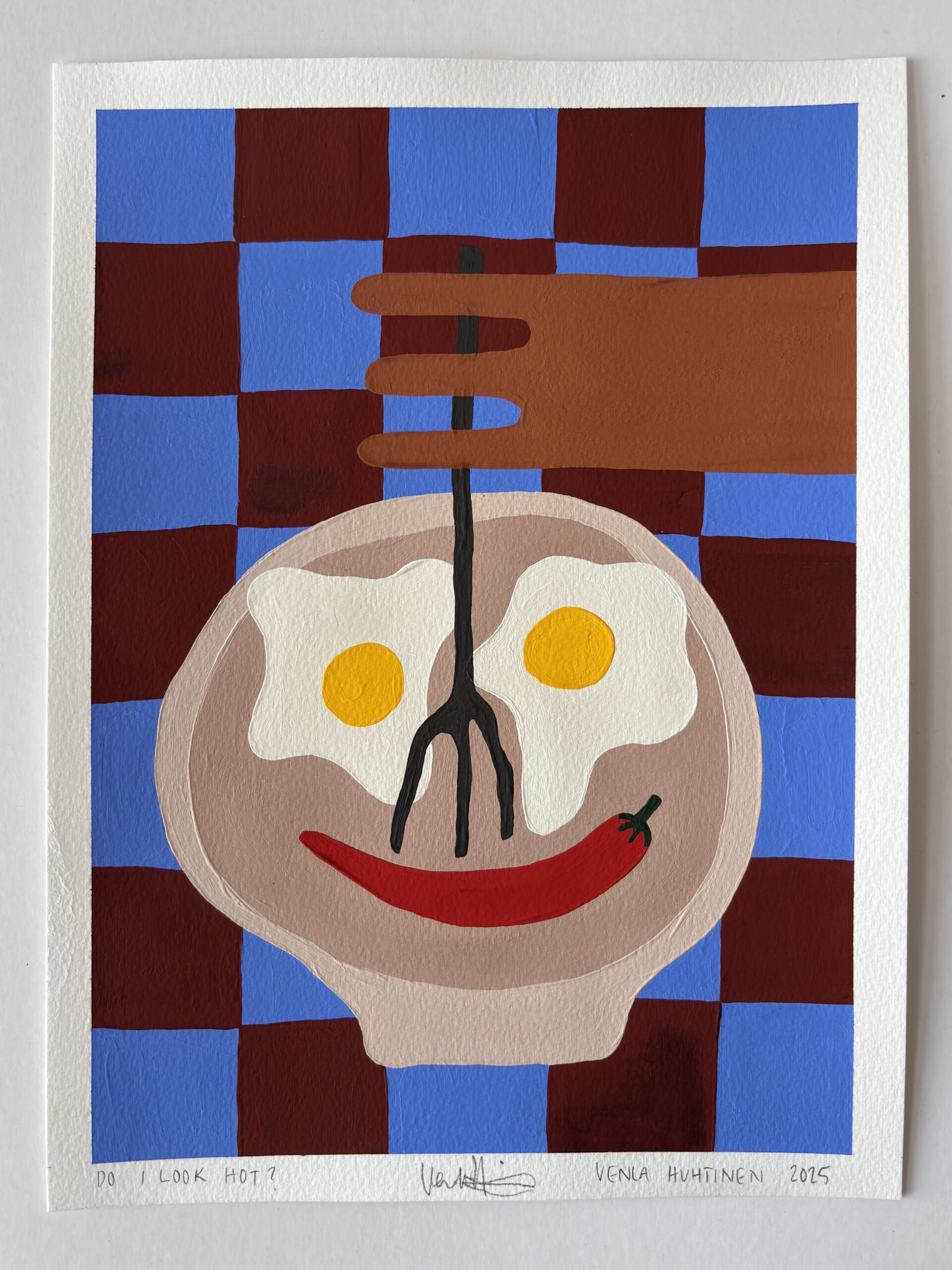 Maalaus: hymynaama, kananmunat ja lusikka