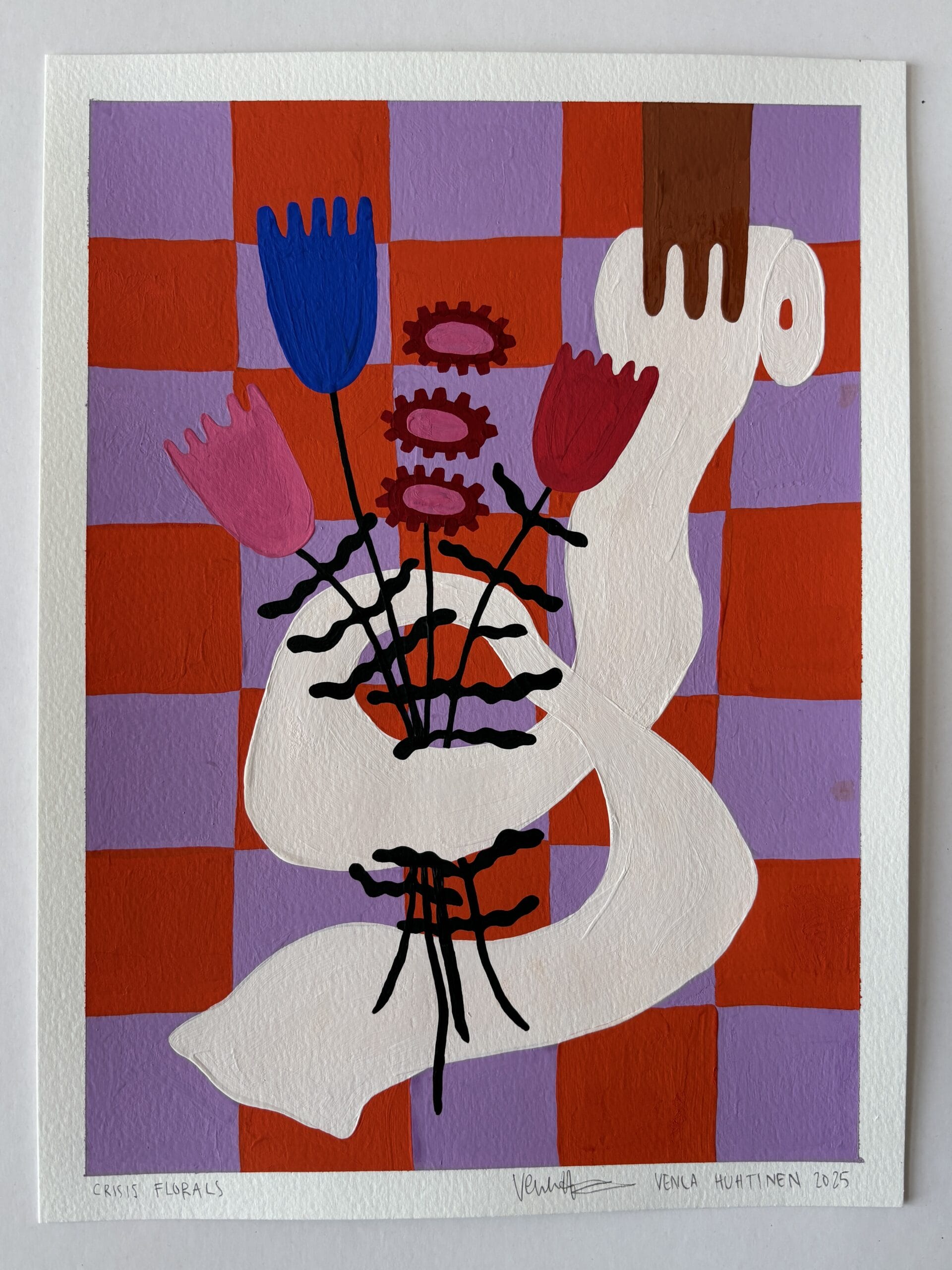 Abstrakti maalaus värikkäillä kukilla ja ruutukuviolla