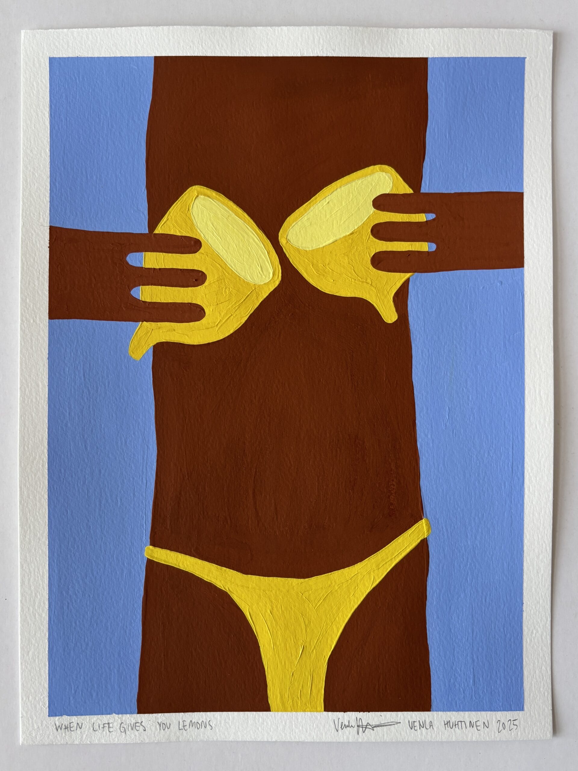 Maalaus, kädet pitävät sitruunaa kiinni matkijalihalla.