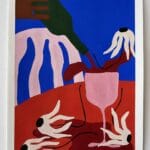 Värikäs maalaus viinilasista ja kukista pöydällä.