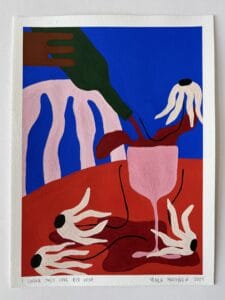 Värikäs maalaus viinilasista ja kukista pöydällä.