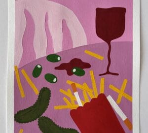 Maalaus ranskalaista, kurkkua, viinilasi, vaaleanpunainen tausta.