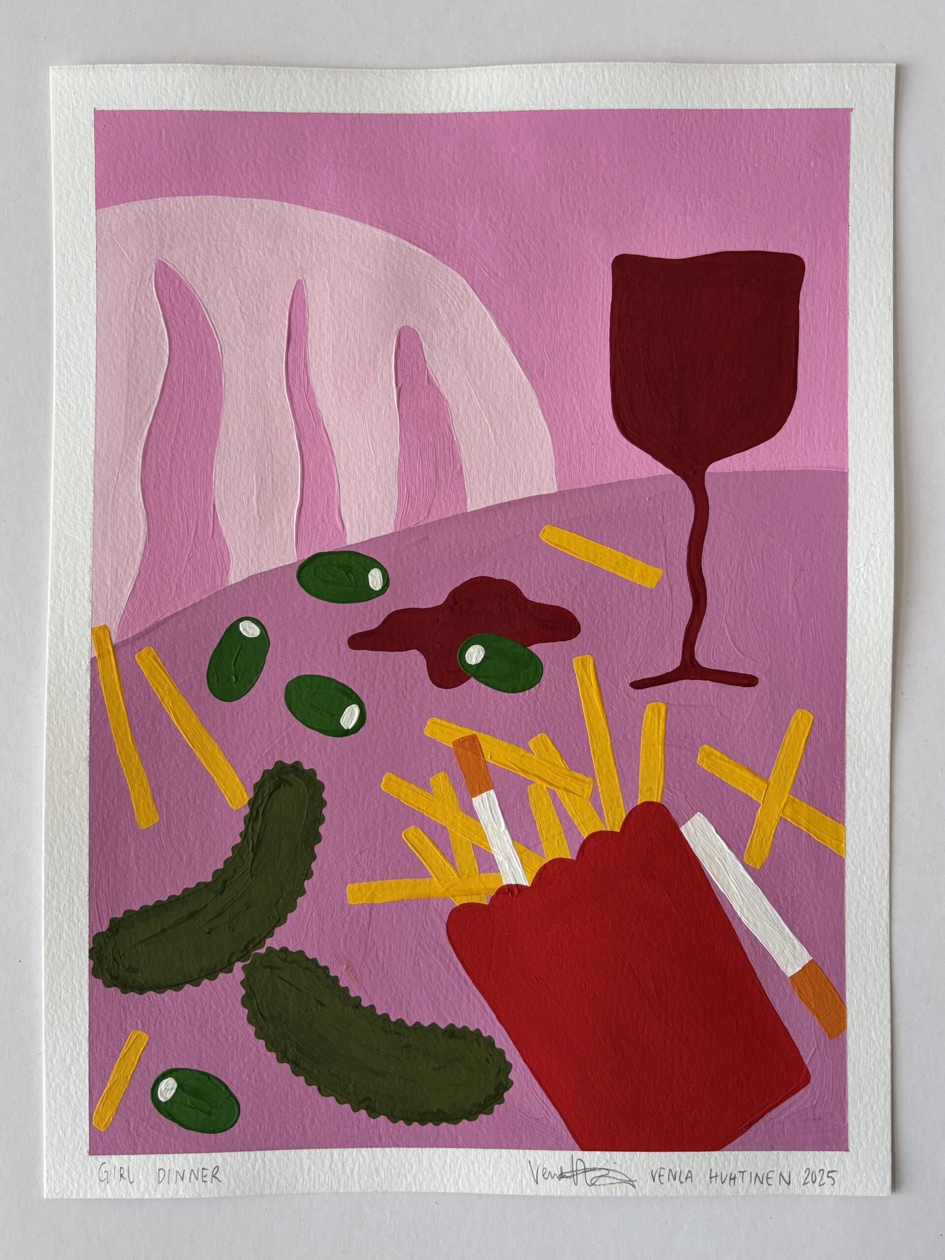 Maalaus ranskalaista, kurkkua, viinilasi, vaaleanpunainen tausta.