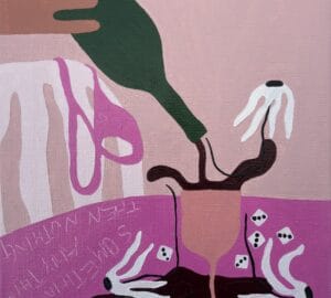 Värikäs maalaus pullosta, kukista ja noppaa.