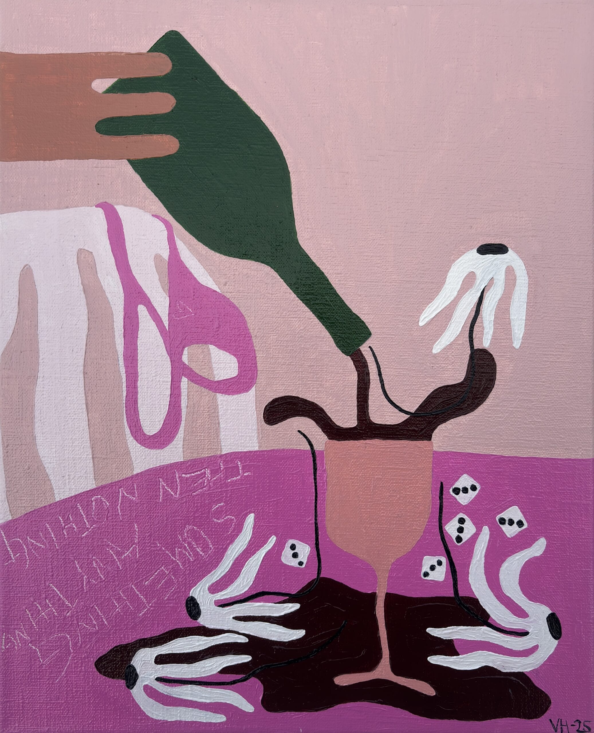 Värikäs maalaus pullosta, kukista ja noppaa.