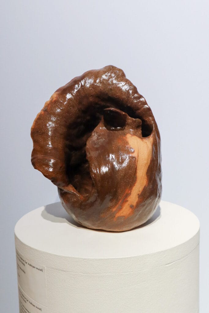 Savenen ruskea veistos, abstrakti muotoilu.