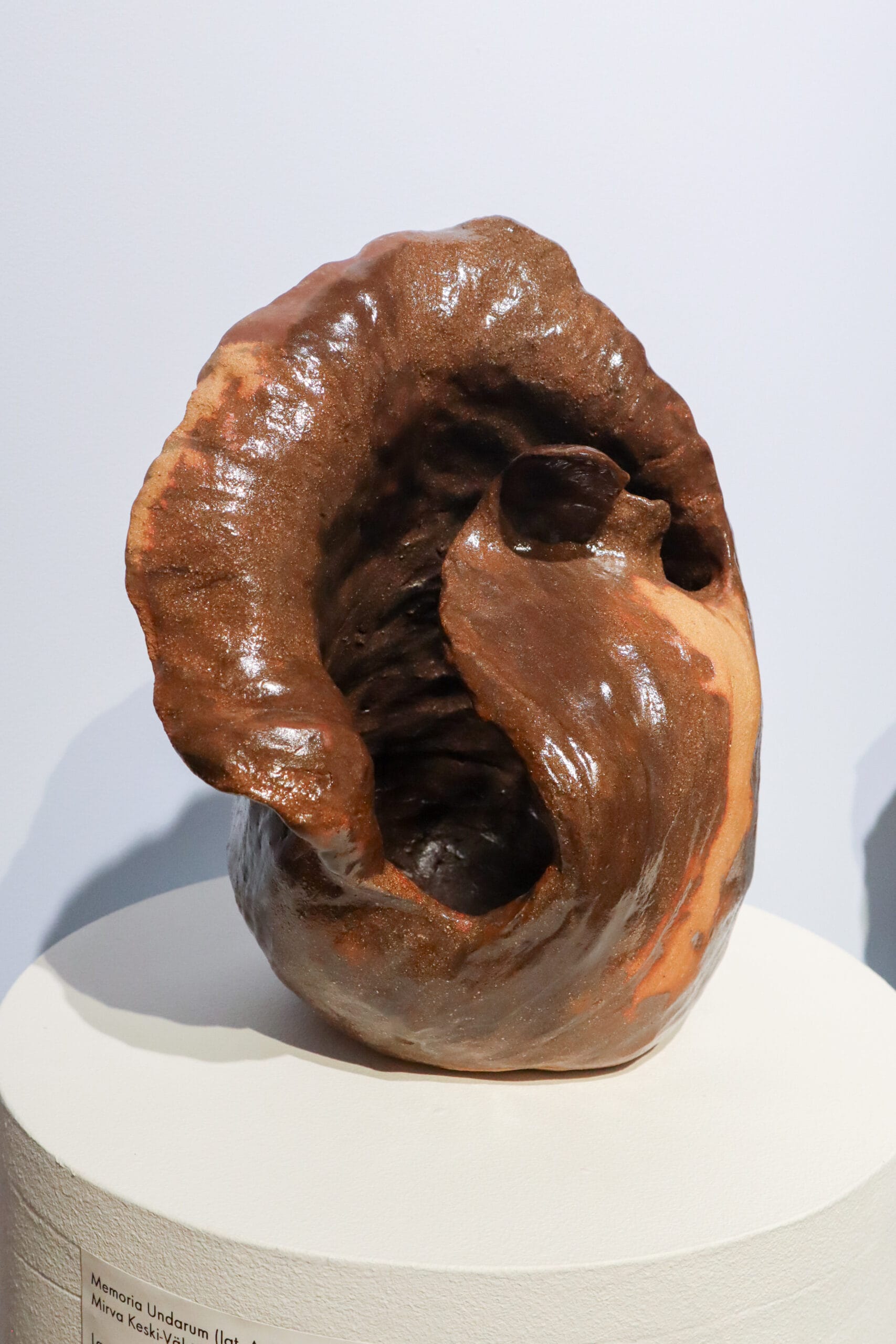 Ruskea keramiikkaveistos näyttelyssä