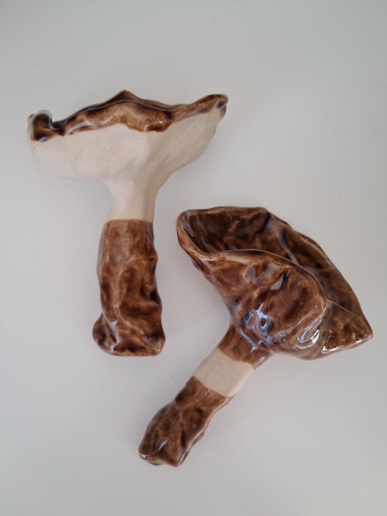 Kaksi keraamista sieniveistosta valkoisella taustalla