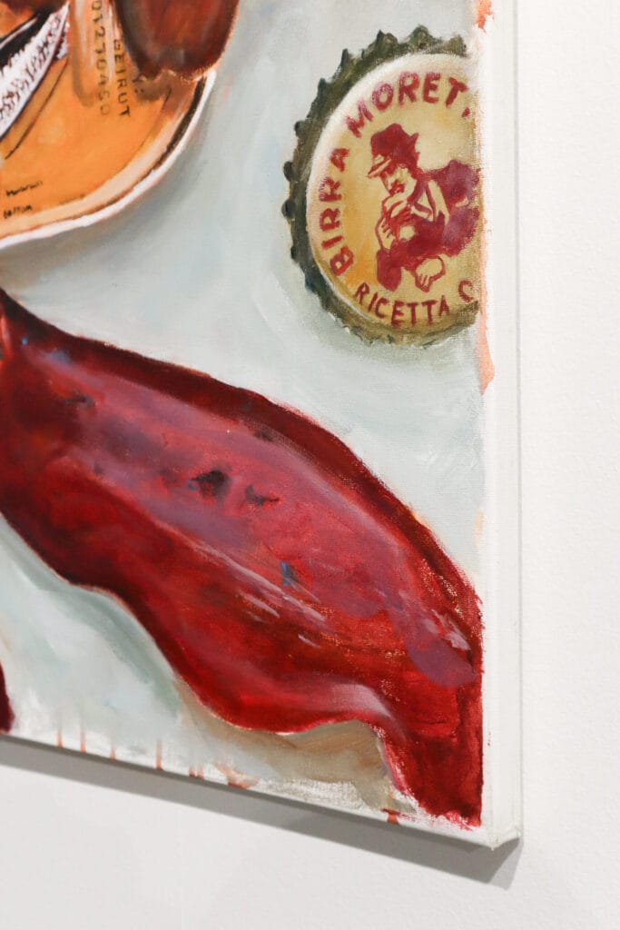 Maalaus olutpullon korkista ja viinistä.