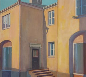 Anne Puhakka maalaus, aurinkoinen kaupunkirakennus